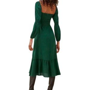 NEW Green Serpentine Siesta Smocked Ruffle Square-Neck Midi Dress